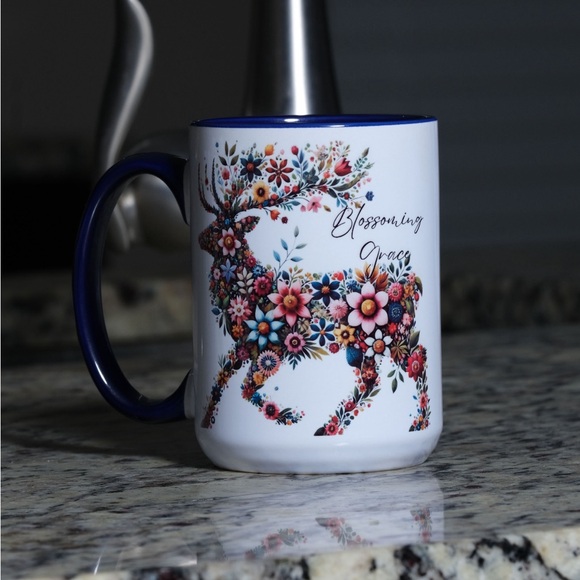Custom Made Floral Deer Ceramic Mug (15 oz) - Picture 1 of 5